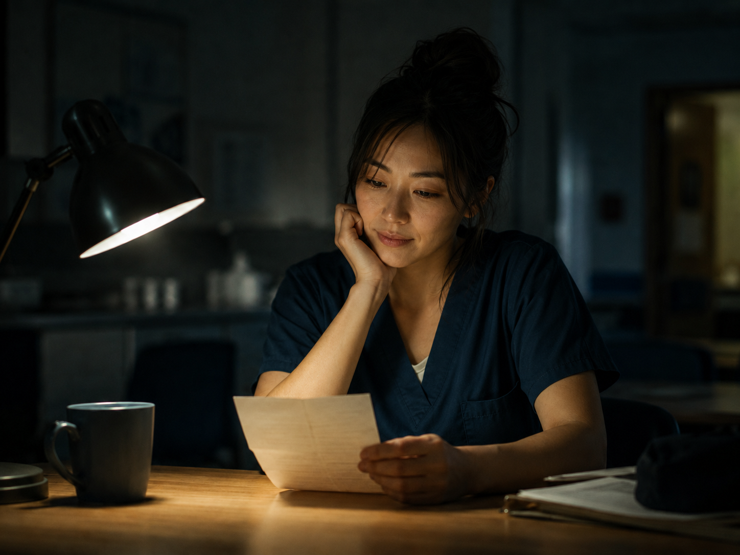 夜のスタッフルームで給与明細を眺める医療職