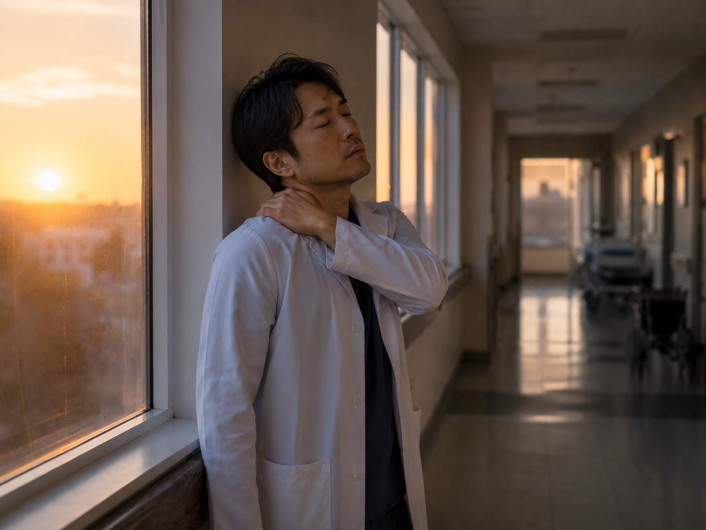 夕方の病院で疲労感を見せる医療職